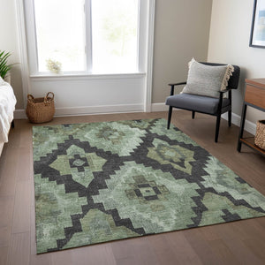 HomeRoots 10' Aztec-Inspired Artichoke Green & Charcoal Washable Indoor/Outdoor Area Rug for Busy Homes 624898