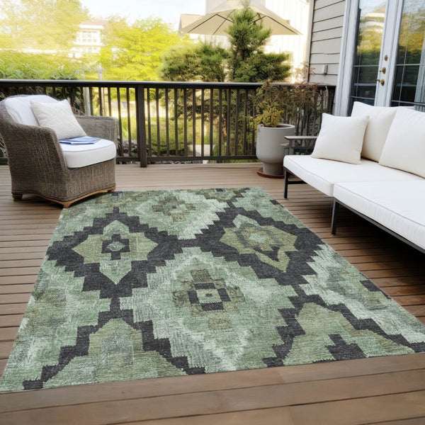 HomeRoots 10' Aztec-Inspired Artichoke Green & Charcoal Washable Indoor/Outdoor Area Rug for Busy Homes 624898