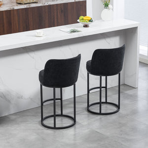 English Elm Counter Height Barstools Set of 2 Linen Upholstered Barrel Seat with Iron Legs Black W395P410438