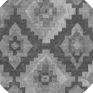 HomeRoots 8' Modern Gray and Charcoal Round Aztec Area Rug - Durable, Washable, Perfect for Indoor & Outdoor Use! 624913