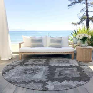 HomeRoots 8' Modern Gray and Charcoal Round Aztec Area Rug - Durable, Washable, Perfect for Indoor & Outdoor Use! 624913
