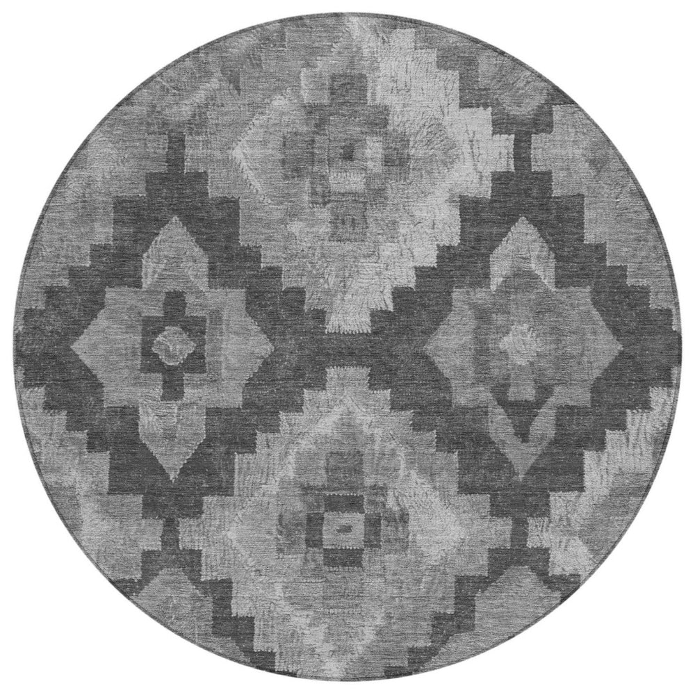 HomeRoots 8' Modern Gray and Charcoal Round Aztec Area Rug - Durable, Washable, Perfect for Indoor & Outdoor Use! 624913