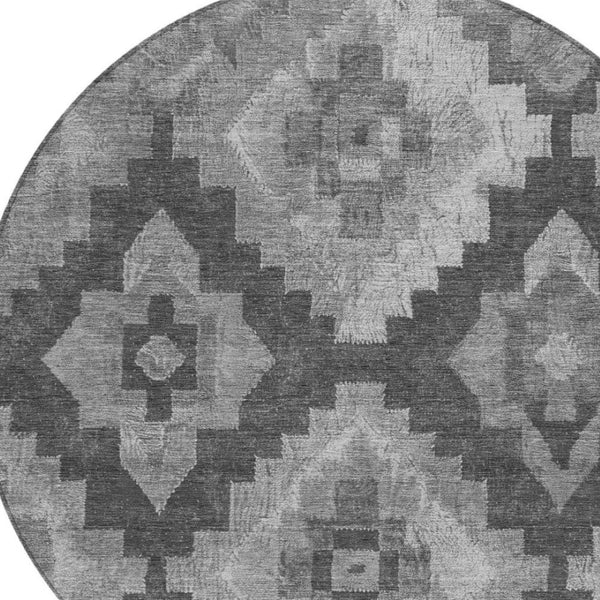 HomeRoots 8' Modern Gray and Charcoal Round Aztec Area Rug - Durable, Washable, Perfect for Indoor & Outdoor Use! 624913