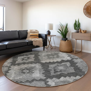 HomeRoots 8' Modern Gray and Charcoal Round Aztec Area Rug - Durable, Washable, Perfect for Indoor & Outdoor Use! 624913