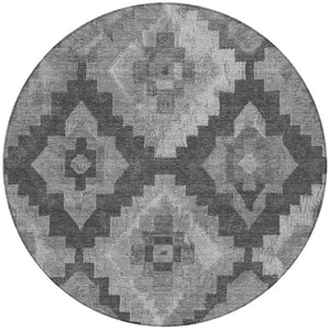 HomeRoots 8' Modern Gray and Charcoal Round Aztec Area Rug - Durable, Washable, Perfect for Indoor & Outdoor Use! 624913