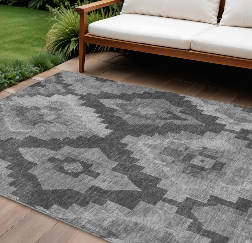 HomeRoots 8' X 10' Gray & Charcoal Aztec Washable Area Rug - Durable, Stylish, Perfect for Indoor & Outdoor Use! 624914