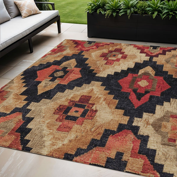 HomeRoots 5' Bold Rust and Charcoal Aztec Indoor Outdoor Area Rug - Machine Washable, Durable, Stylish Design 5' X 8' 624924