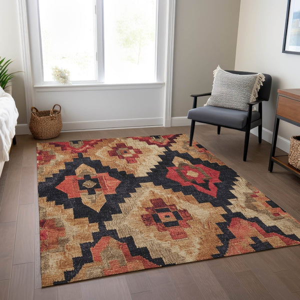 HomeRoots 5' Bold Rust and Charcoal Aztec Indoor Outdoor Area Rug - Machine Washable, Durable, Stylish Design 5' X 8' 624924