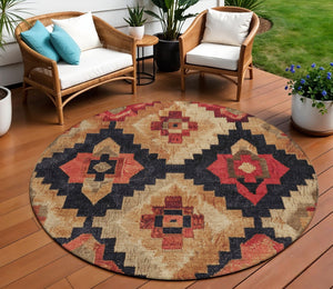 HomeRoots 5' Bold Rust and Charcoal Aztec Indoor Outdoor Area Rug - Machine Washable, Durable, Stylish Design 8' Round 624925