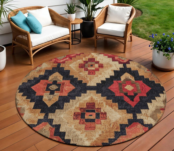 HomeRoots 5' Bold Rust and Charcoal Aztec Indoor Outdoor Area Rug - Machine Washable, Durable, Stylish Design 8' Round 624925