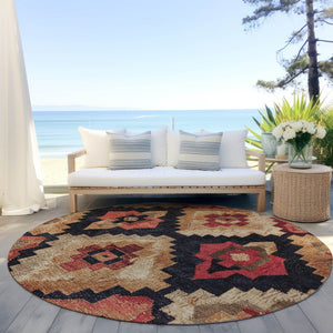 HomeRoots 5' Bold Rust and Charcoal Aztec Indoor Outdoor Area Rug - Machine Washable, Durable, Stylish Design 8' Round 624925