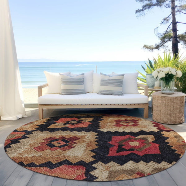 HomeRoots 5' Bold Rust and Charcoal Aztec Indoor Outdoor Area Rug - Machine Washable, Durable, Stylish Design 8' Round 624925