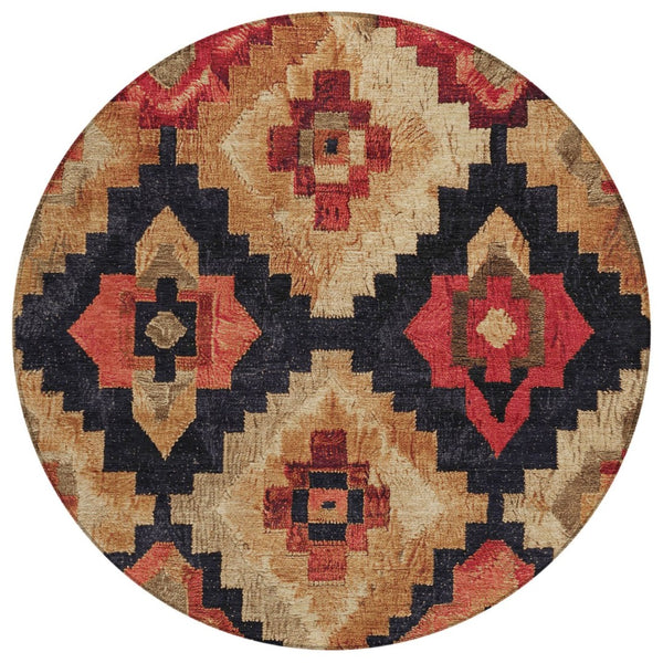 HomeRoots 5' Bold Rust and Charcoal Aztec Indoor Outdoor Area Rug - Machine Washable, Durable, Stylish Design 8' Round 624925