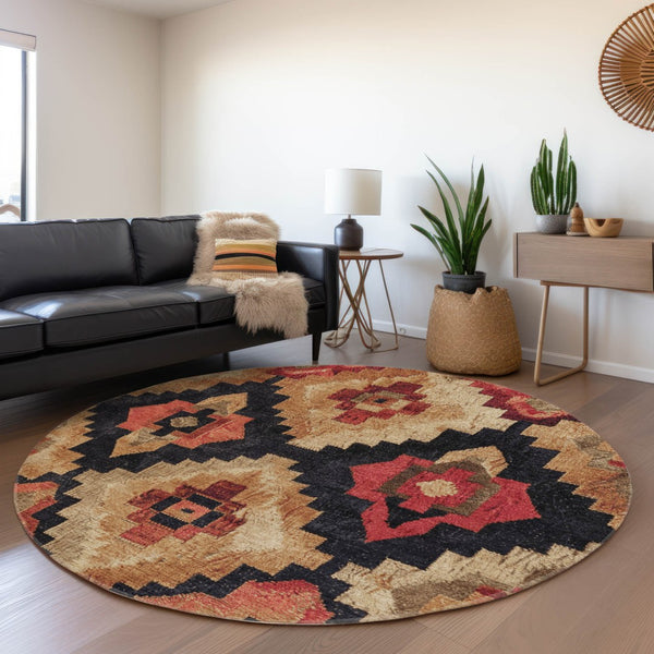 HomeRoots 5' Bold Rust and Charcoal Aztec Indoor Outdoor Area Rug - Machine Washable, Durable, Stylish Design 8' Round 624925