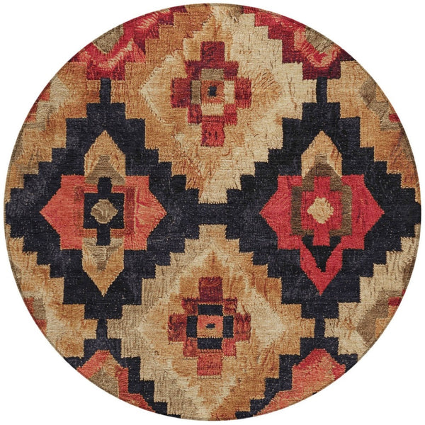 HomeRoots 5' Bold Rust and Charcoal Aztec Indoor Outdoor Area Rug - Machine Washable, Durable, Stylish Design 8' Round 624925