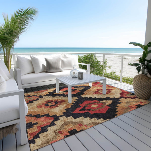 HomeRoots 5' Bold Rust and Charcoal Aztec Indoor Outdoor Area Rug - Machine Washable, Durable, Stylish Design 9' X 12' 624927