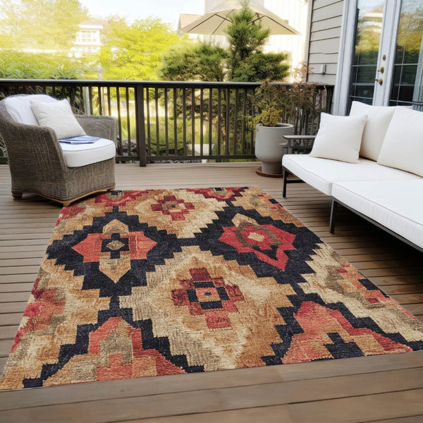 HomeRoots 5' Bold Rust and Charcoal Aztec Indoor Outdoor Area Rug - Machine Washable, Durable, Stylish Design 10' X 14' 624928