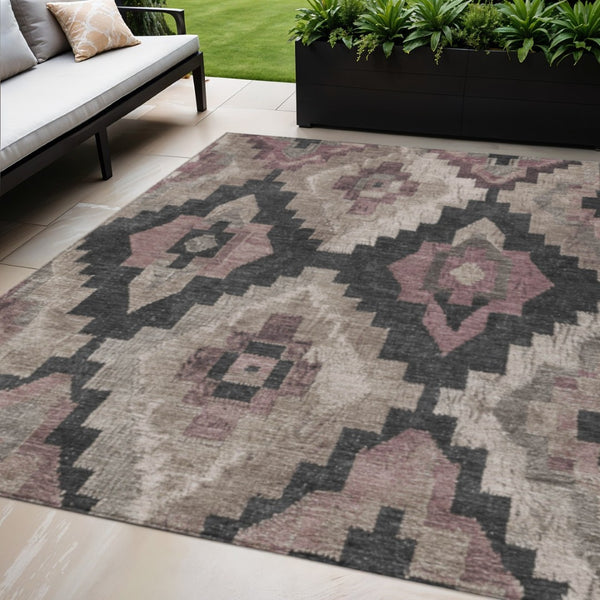 HomeRoots 5' Contemporary Taupe and Charcoal Aztec Indoor Outdoor Area Rug – Versatile, Durable & Washable 5' X 8' 624936