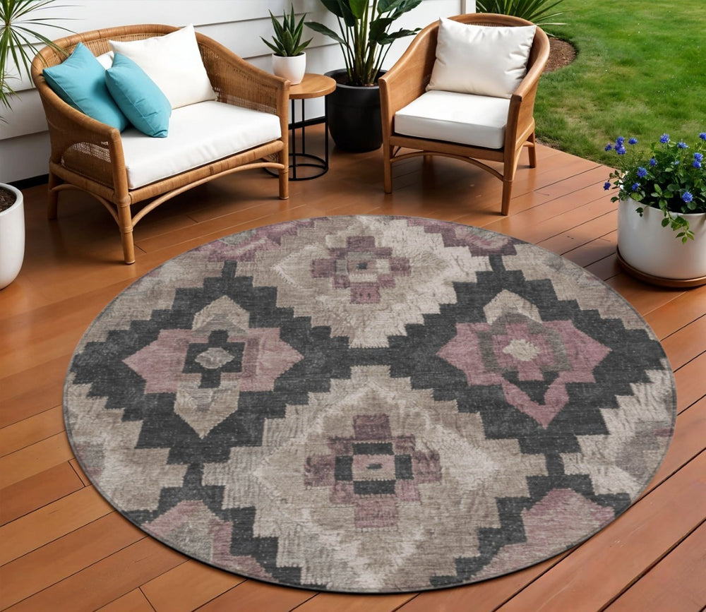 HomeRoots 5' Contemporary Taupe and Charcoal Aztec Indoor Outdoor Area Rug – Versatile, Durable & Washable 8' Round 624937
