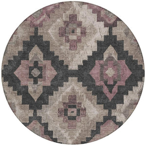 HomeRoots 5' Contemporary Taupe and Charcoal Aztec Indoor Outdoor Area Rug – Versatile, Durable & Washable 8' Round 624937