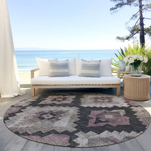 HomeRoots 5' Contemporary Taupe and Charcoal Aztec Indoor Outdoor Area Rug – Versatile, Durable & Washable 8' Round 624937