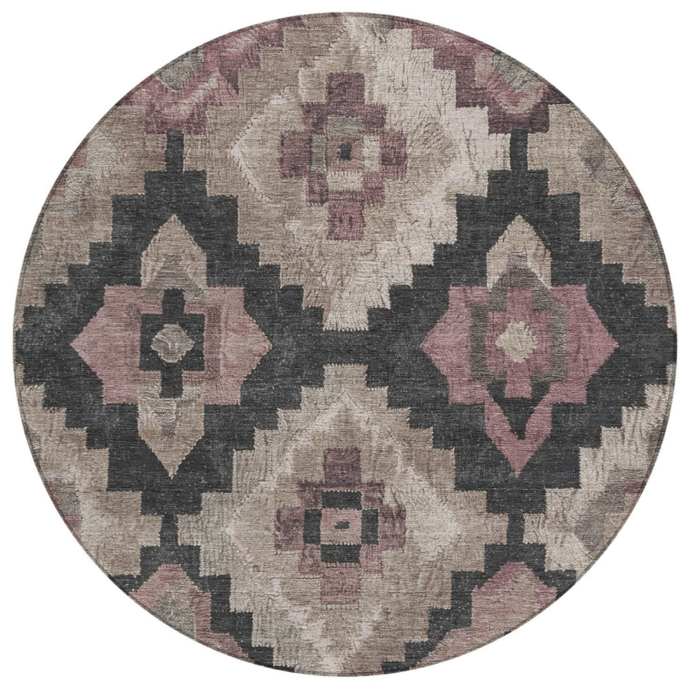 HomeRoots 5' Contemporary Taupe and Charcoal Aztec Indoor Outdoor Area Rug – Versatile, Durable & Washable 8' Round 624937