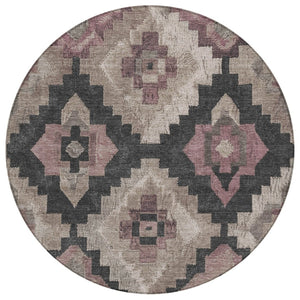 HomeRoots 5' Contemporary Taupe and Charcoal Aztec Indoor Outdoor Area Rug – Versatile, Durable & Washable 8' Round 624937