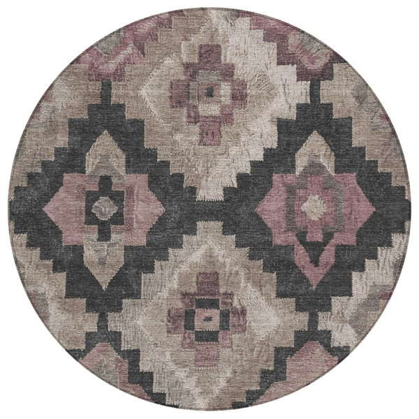 HomeRoots 5' Contemporary Taupe and Charcoal Aztec Indoor Outdoor Area Rug – Versatile, Durable & Washable 8' Round 624937
