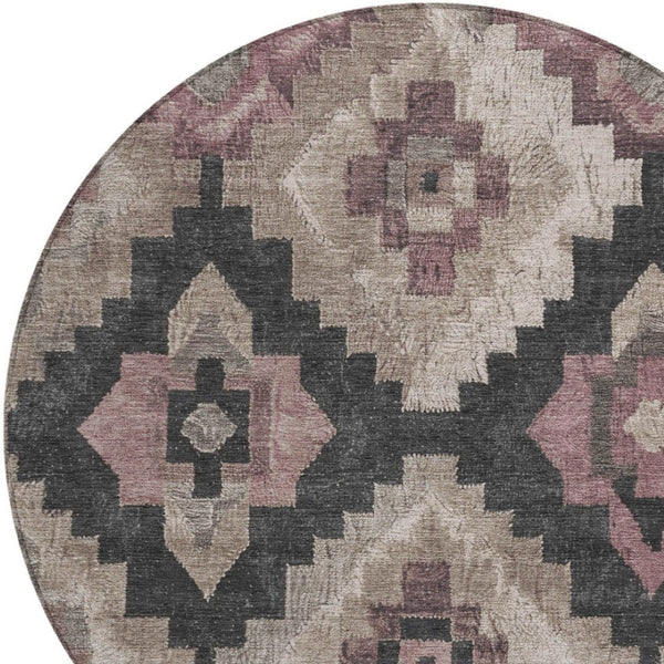 HomeRoots 5' Contemporary Taupe and Charcoal Aztec Indoor Outdoor Area Rug – Versatile, Durable & Washable 8' Round 624937