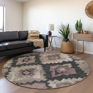 HomeRoots 5' Contemporary Taupe and Charcoal Aztec Indoor Outdoor Area Rug – Versatile, Durable & Washable 8' Round 624937