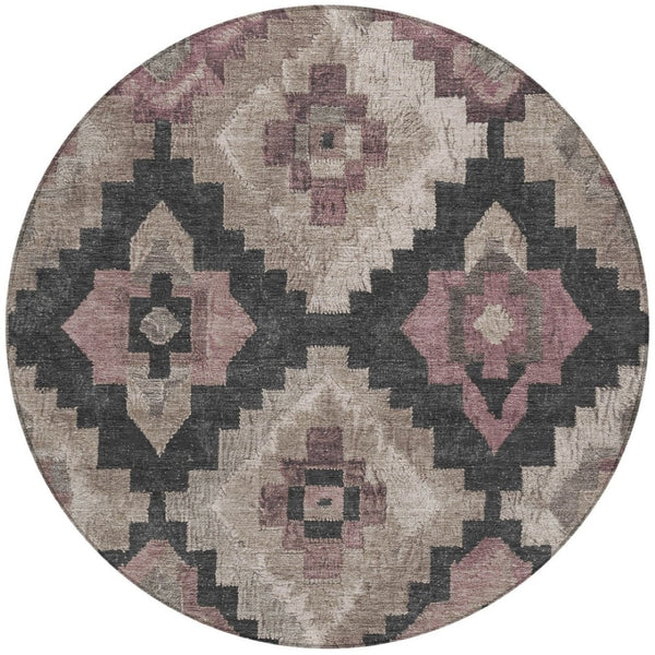 HomeRoots 5' Contemporary Taupe and Charcoal Aztec Indoor Outdoor Area Rug – Versatile, Durable & Washable 8' Round 624937