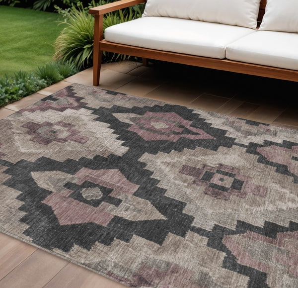 HomeRoots 5' Contemporary Taupe and Charcoal Aztec Indoor Outdoor Area Rug – Versatile, Durable & Washable 8' X 10' 624938