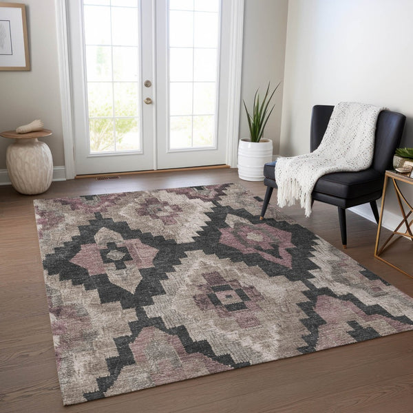 HomeRoots 5' Contemporary Taupe and Charcoal Aztec Indoor Outdoor Area Rug – Versatile, Durable & Washable 9' X 12' 624939