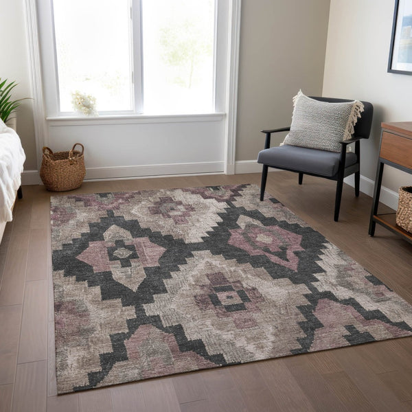 HomeRoots 5' Contemporary Taupe and Charcoal Aztec Indoor Outdoor Area Rug – Versatile, Durable & Washable 9' X 12' 624939
