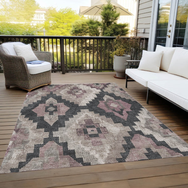 HomeRoots 5' Contemporary Taupe and Charcoal Aztec Indoor Outdoor Area Rug – Versatile, Durable & Washable 9' X 12' 624939