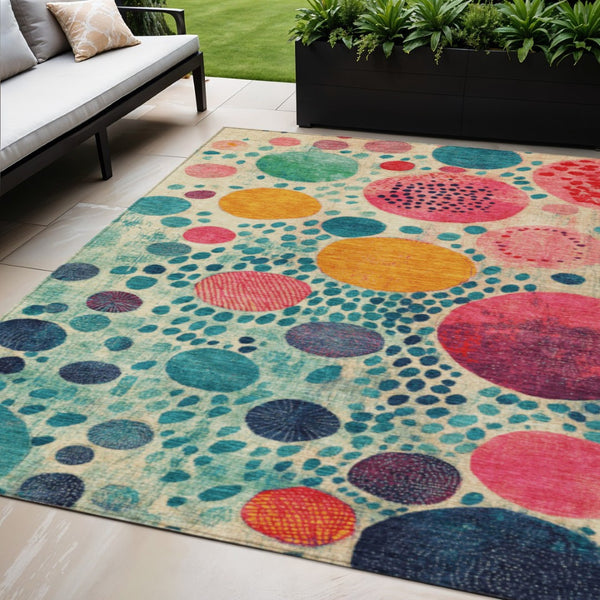 HomeRoots 5' Vibrant Geometric Area Rug in Teal Blue, Pink, and Orange for Indoor & Outdoor Spaces 5' X 8' 624972