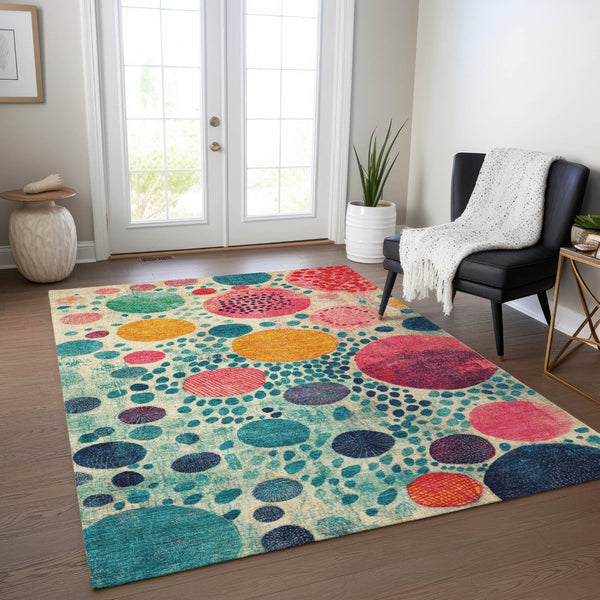 HomeRoots 5' Vibrant Geometric Area Rug in Teal Blue, Pink, and Orange for Indoor & Outdoor Spaces 5' X 8' 624972