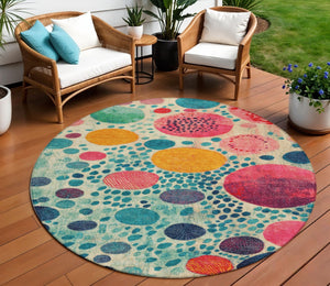 HomeRoots 5' Vibrant Geometric Area Rug in Teal Blue, Pink, and Orange for Indoor & Outdoor Spaces 8' Round 624973