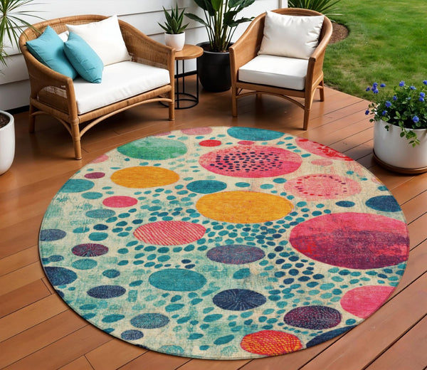 HomeRoots 5' Vibrant Geometric Area Rug in Teal Blue, Pink, and Orange for Indoor & Outdoor Spaces 8' Round 624973