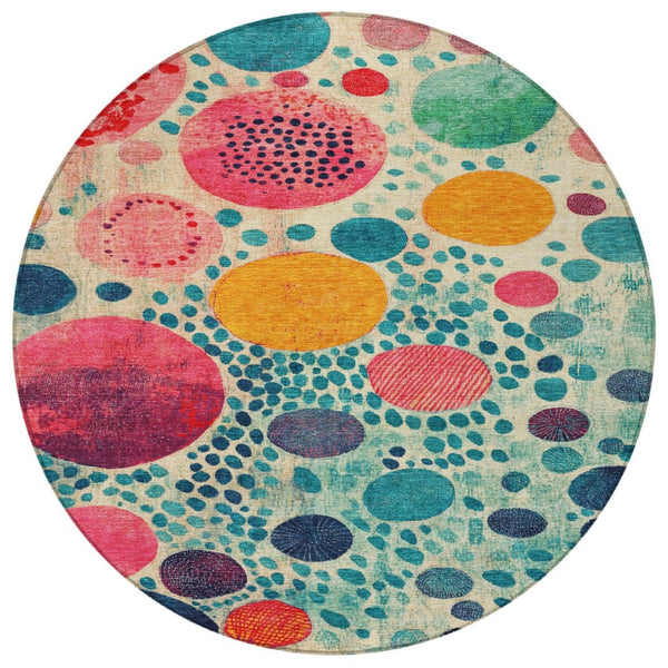 HomeRoots 5' Vibrant Geometric Area Rug in Teal Blue, Pink, and Orange for Indoor & Outdoor Spaces 8' Round 624973