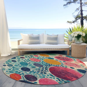 HomeRoots 5' Vibrant Geometric Area Rug in Teal Blue, Pink, and Orange for Indoor & Outdoor Spaces 8' Round 624973