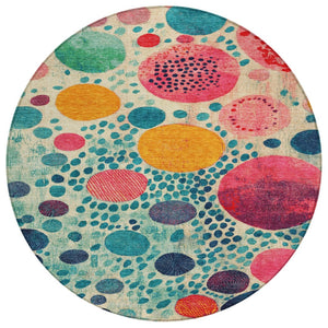 HomeRoots 5' Vibrant Geometric Area Rug in Teal Blue, Pink, and Orange for Indoor & Outdoor Spaces 8' Round 624973