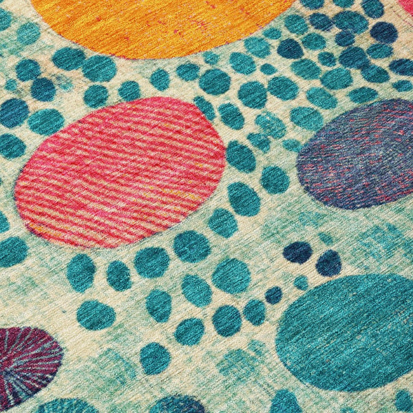 HomeRoots 5' Vibrant Geometric Area Rug in Teal Blue, Pink, and Orange for Indoor & Outdoor Spaces 8' Round 624973