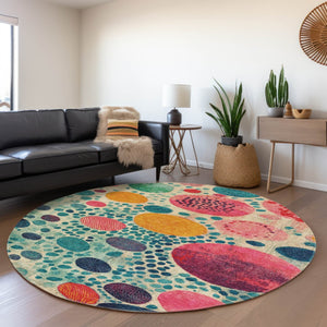HomeRoots 5' Vibrant Geometric Area Rug in Teal Blue, Pink, and Orange for Indoor & Outdoor Spaces 8' Round 624973