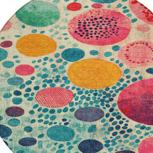 HomeRoots 5' Vibrant Geometric Area Rug in Teal Blue, Pink, and Orange for Indoor & Outdoor Spaces 8' Round 624973