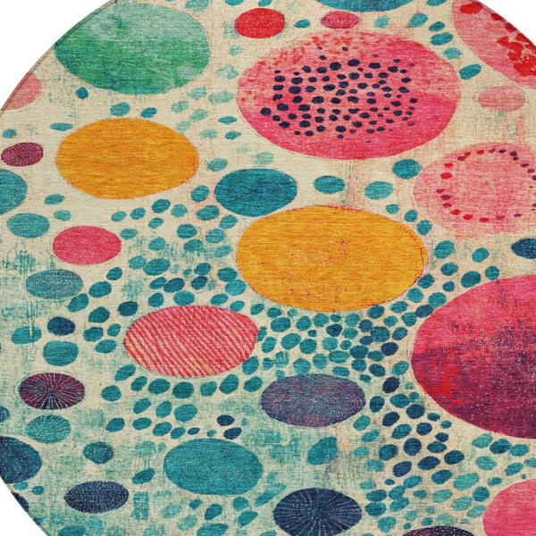 HomeRoots 5' Vibrant Geometric Area Rug in Teal Blue, Pink, and Orange for Indoor & Outdoor Spaces 8' Round 624973
