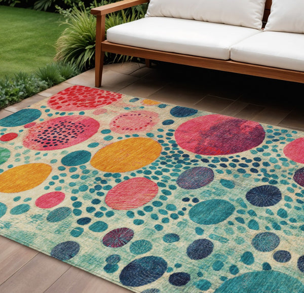 HomeRoots 5' Vibrant Geometric Area Rug in Teal Blue, Pink, and Orange for Indoor & Outdoor Spaces 8' X 10' 624974