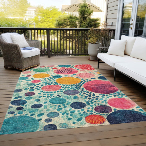 HomeRoots 5' Vibrant Geometric Area Rug in Teal Blue, Pink, and Orange for Indoor & Outdoor Spaces 8' X 10' 624974