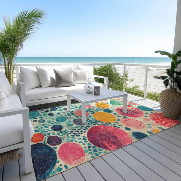 HomeRoots 5' Vibrant Geometric Area Rug in Teal Blue, Pink, and Orange for Indoor & Outdoor Spaces 9' X 12' 624975