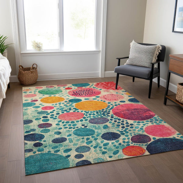 HomeRoots 5' Vibrant Geometric Area Rug in Teal Blue, Pink, and Orange for Indoor & Outdoor Spaces 9' X 12' 624975